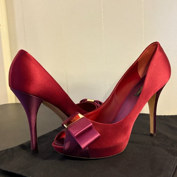 Louis Vuitton Maroon Satin Bow Peep-Toe Pumps - Picture 7 of 8